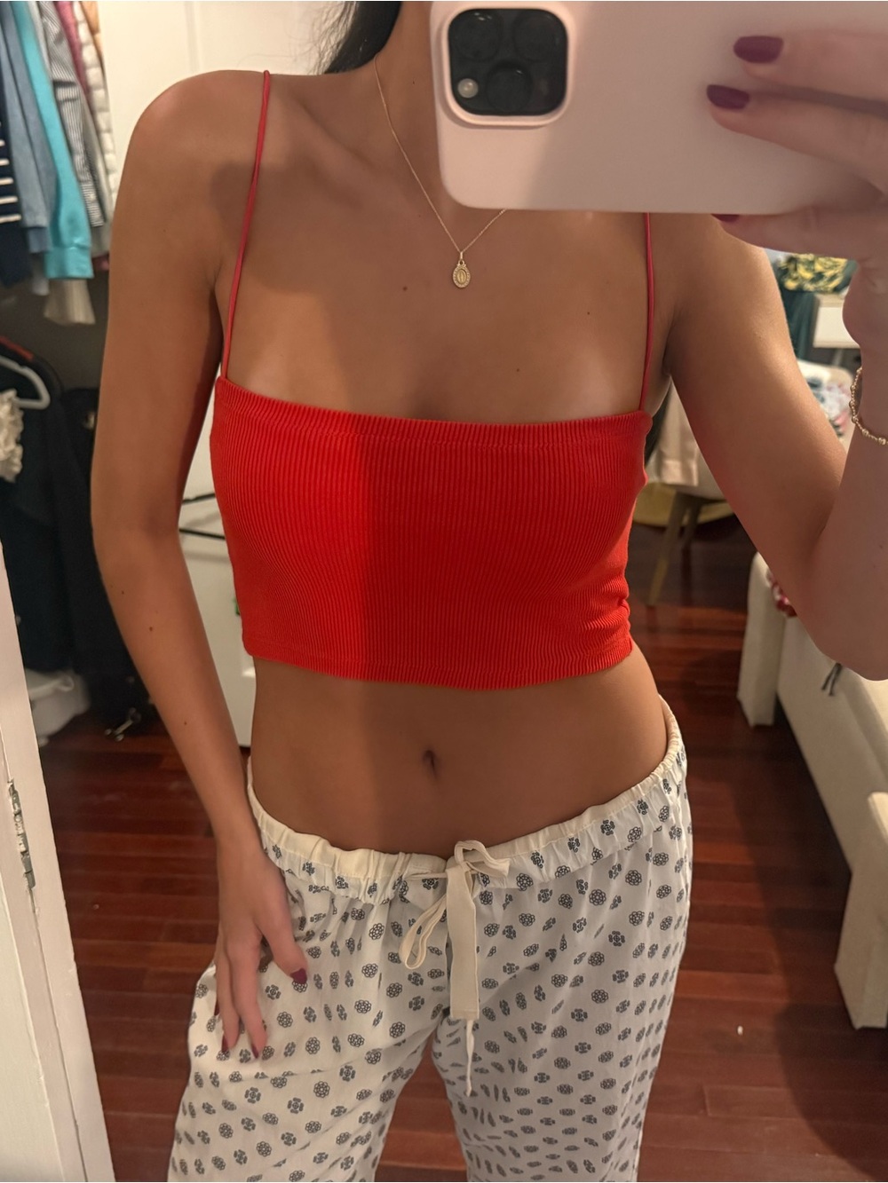 Zara Red Ribbed Spaghetti-Strap Crop Top
